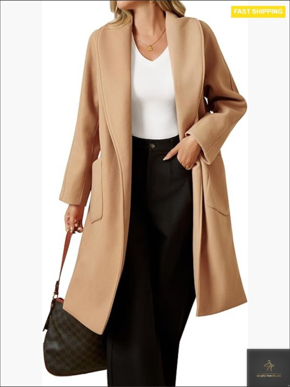 Classic Pea Coat Open Front Long Trench Loose Fit Winter Wool-Like Coat